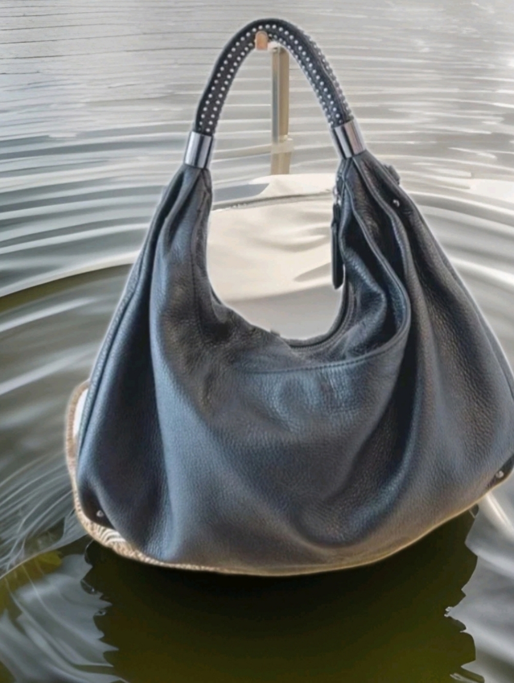Kenneth Cole Black Leather Hobo Bag W/Studded Strap,bottom. 18”x13”